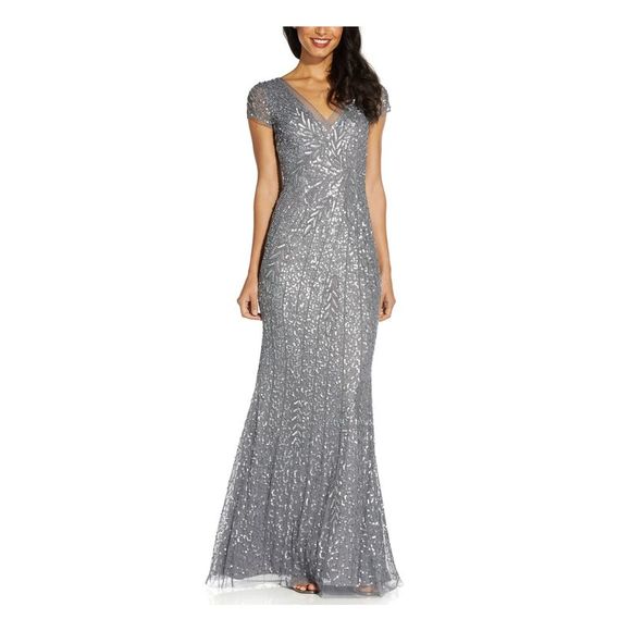 ADRIANNA PAPELL Dresses & Skirts - ADRIANNA PAPELL Womens Gray Cap Sleeve V Neck Full-Length Formal Mermaid Dress 4